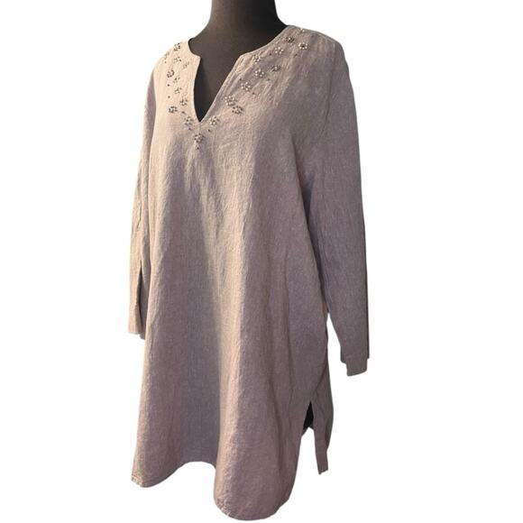 Y2K Linen Beaded Lagenlook Boho Tunic TopWomens Size 1X  Euro Summer Scandi - Picture 1 of 6